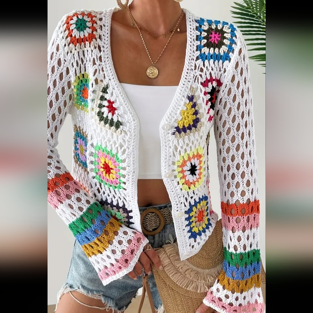 New Color Block Crochet Cardigan Casual  Long Flare Sleeve Button Front Hollow